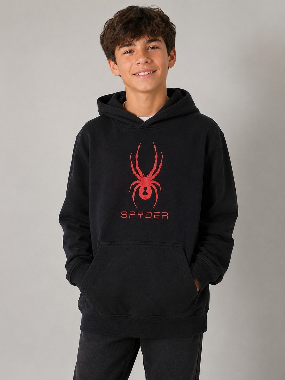 Spyder Boys Youth XL 14/16 Black Hoodie – Red Logo